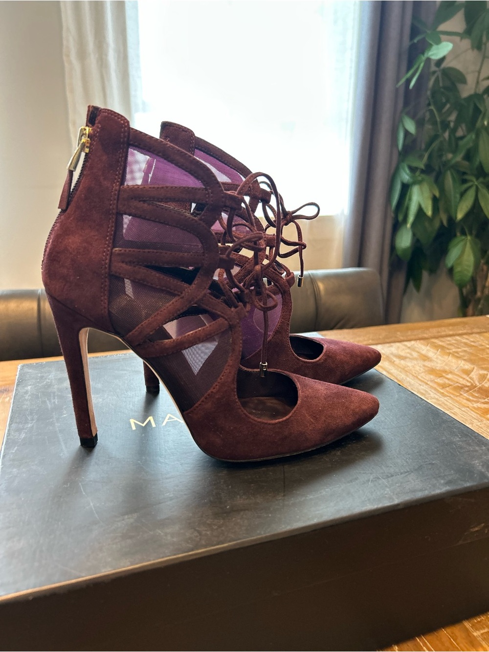 Marciano Lace-Up Pointed Toe High Heels in Plum Suede